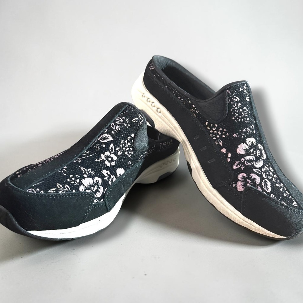 Easy Spirit Traveltime 813 Black Pink Floral Leather Clogs Mules Womens 8W - Picture 2 of 7